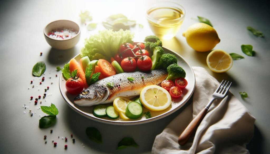 A clean, natural food photograph of a healthy meal with cooked fish, fresh vegetables, lemon slices,